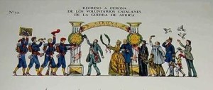 ANTIGUO-RECORTABLE-DEL-REGRESO-A-GERONA-DE-LOS-VOLUNTARIOS-CATALANES-DE-LA-GUERRA-DE-AFRICA-DIA-14-DE-MAYO-DE-1860-Imprenta-Pla-Dalmau-de-Gerona-295-x-395-cms